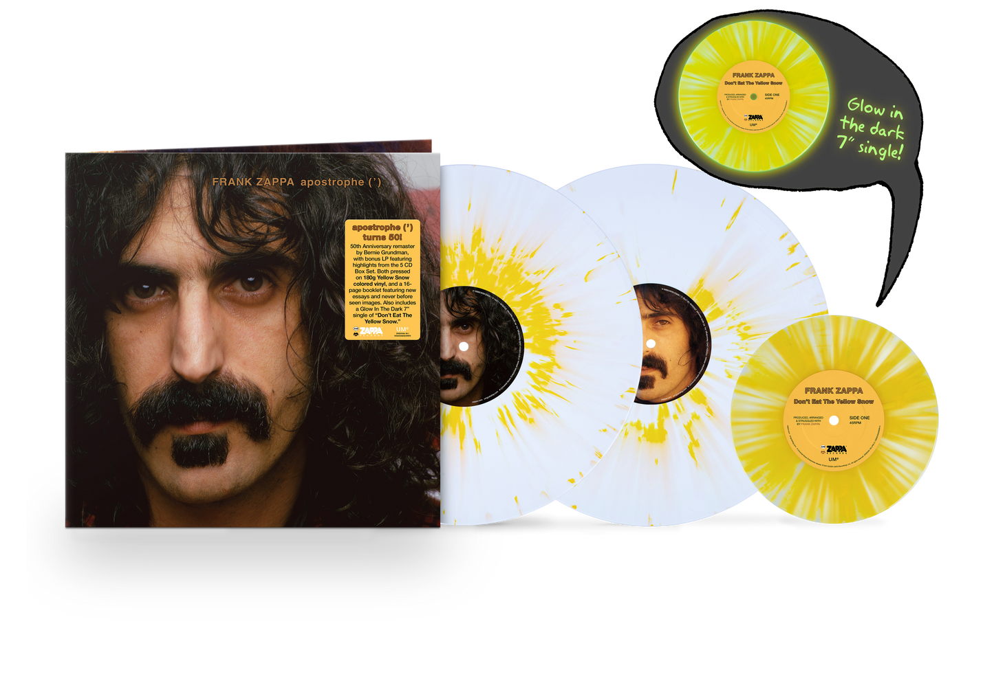 Apostrophe (') 50th Anniversary Edition - Vinilo (Edición Limitada Exclusiva 2LP Color Blanco con Splatter Amarillo) + Vinilo 7" (Luminiscente con Splatter Amarillo)