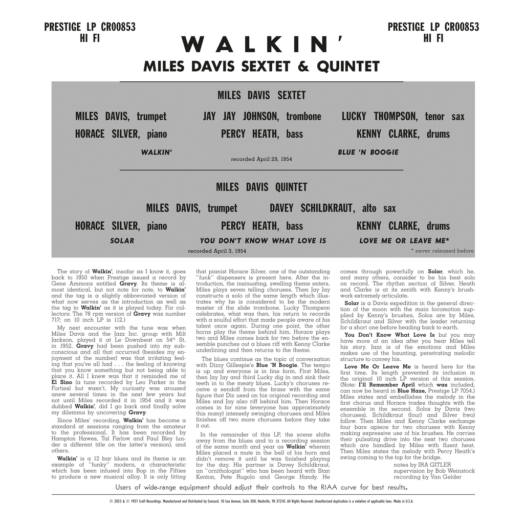 Walkin' Remastered 2025 (Original Jazz Classics Series) - Vinilo