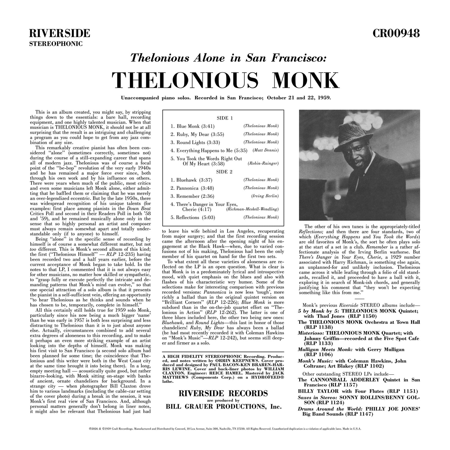 Thelonious Alone in San Francisco (Original Jazz Classics Series) - Vinilo